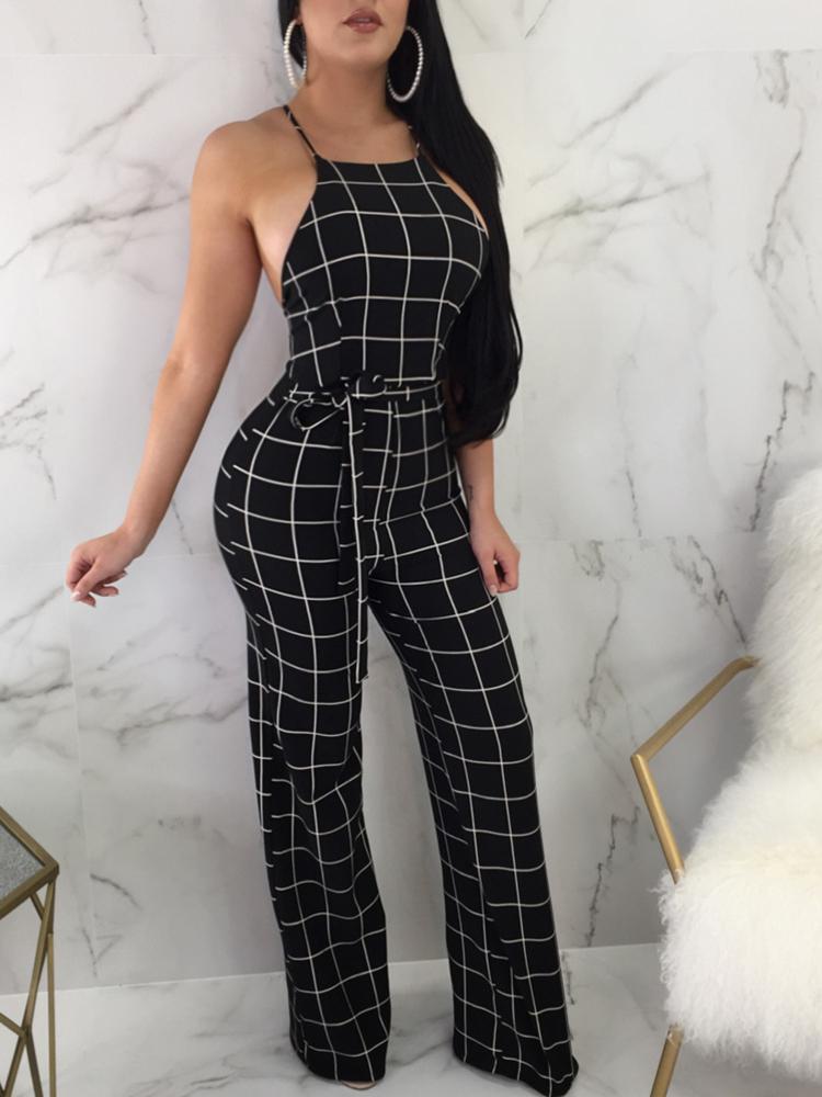 Grid Crisscross Back Tied Waist Flared Jumpsuit