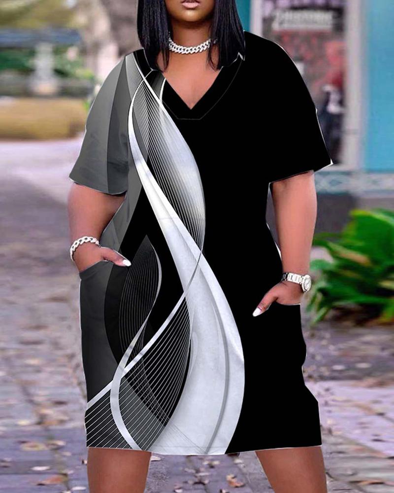 Plus Size Abstract Print Colorblock Pocket Detail Casual Dress