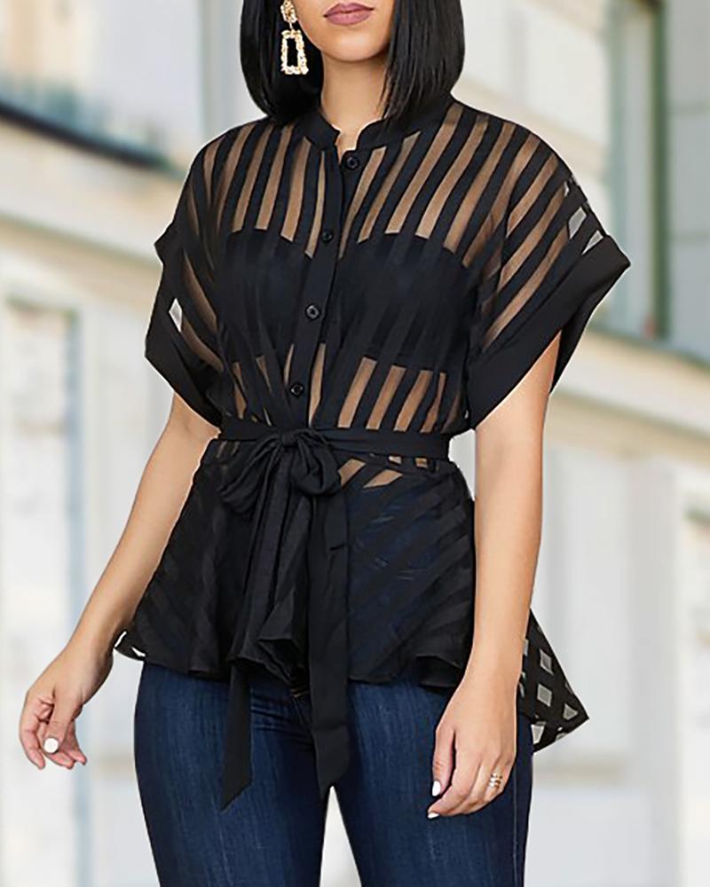 Striped See Through Buttoned Tied Waist Shirt