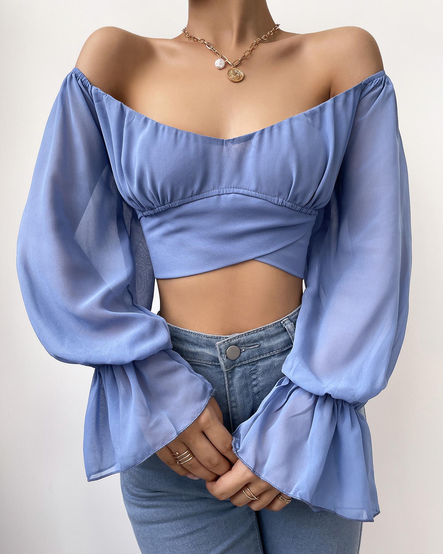 Lantern Bell Sleeve Ruched V-Neck Crop Top