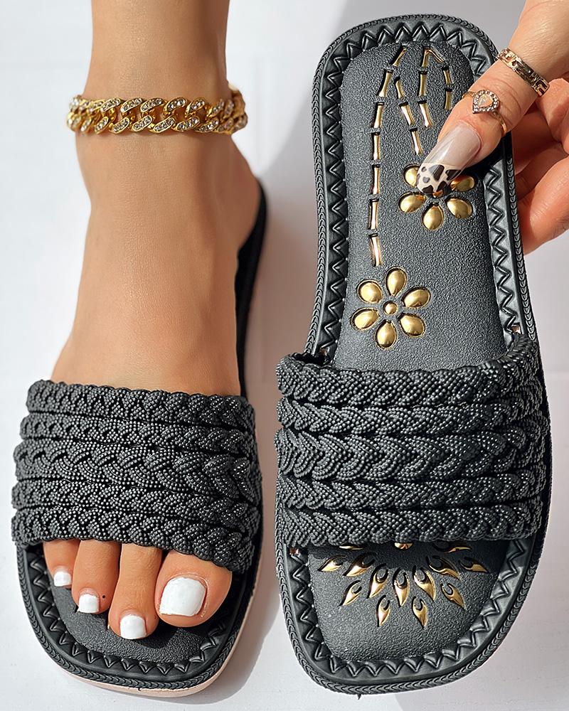 Floral Pattern Braided Strap Beach Slippers