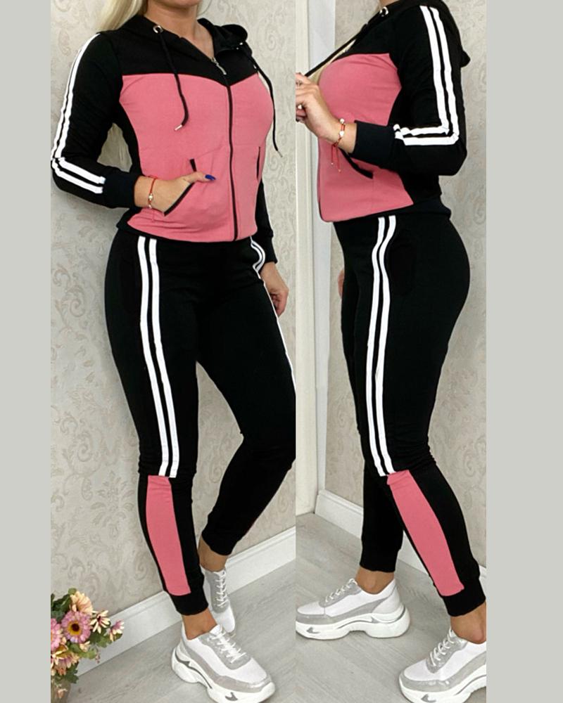 Striped Colorblock Hooded Coat & Pants Set