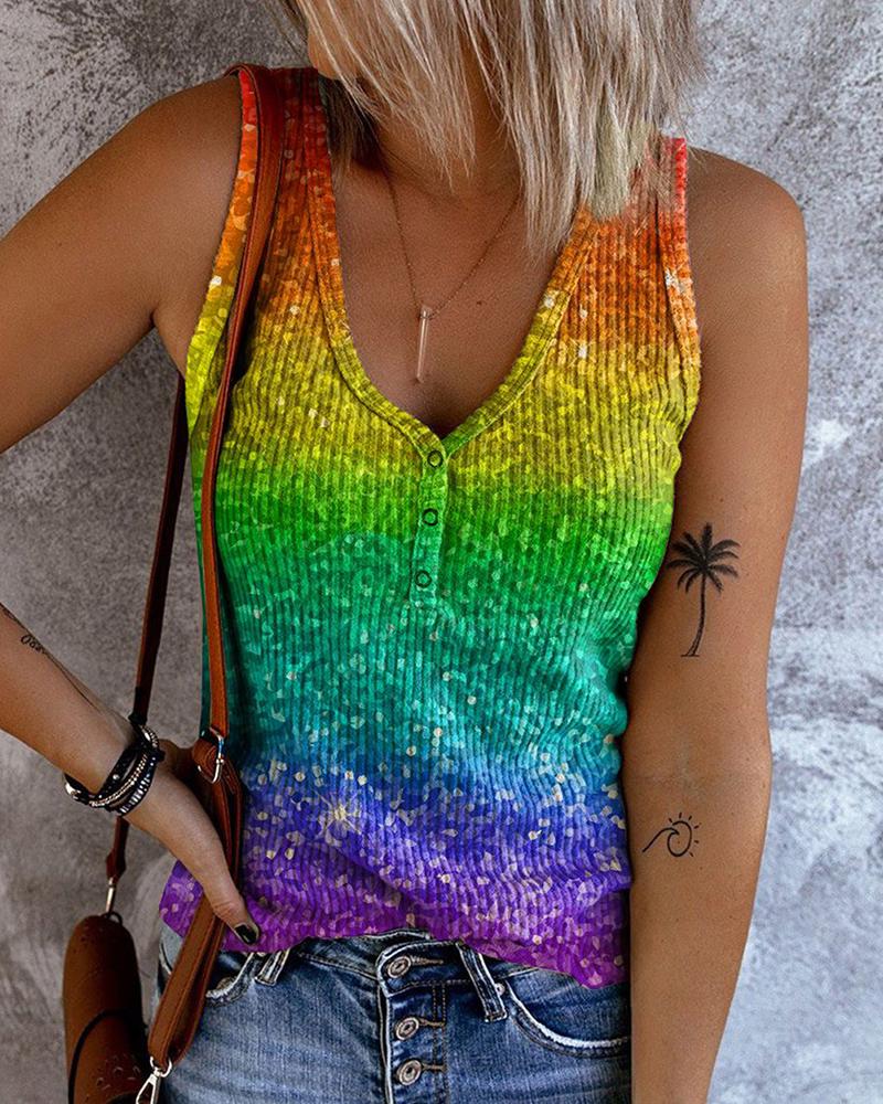 Ombre Buttoned V-Neck Casual Tank Top