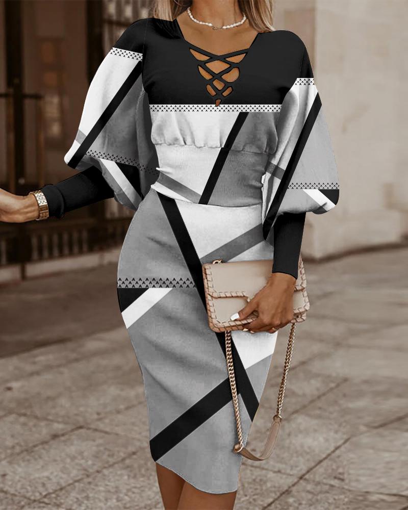 Geometric Print Lantern Sleeve Midi Dress