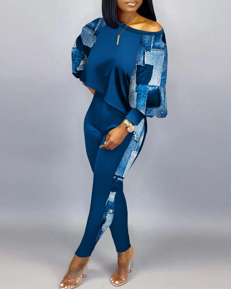 Denim Look Print Long Sleeve Casual Top & Pants Set