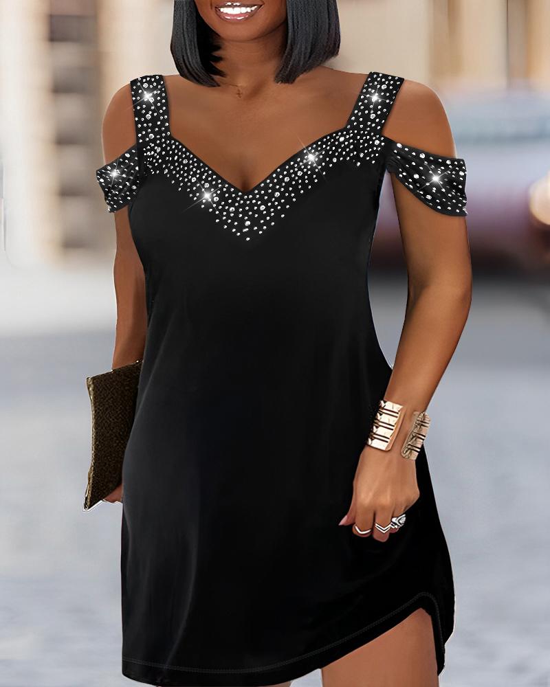 Casual Dresses  ChicMe Plus Size Rhinestone Cold Shoulder Casual Dress