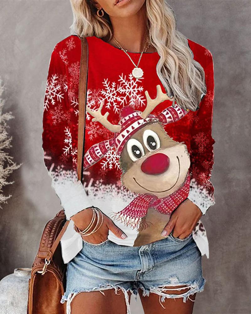 Christmas Snowflake Elk Print Long Sleeve Top