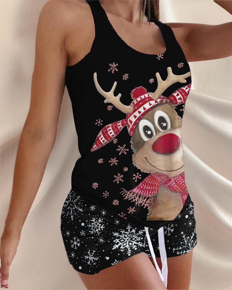 Christmas Snowflake Elk Print Drawstring Pajamas Set