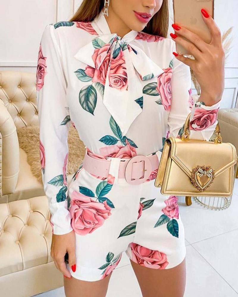 Floral Print Tie Neck Long Sleeve Top & Shorts Set