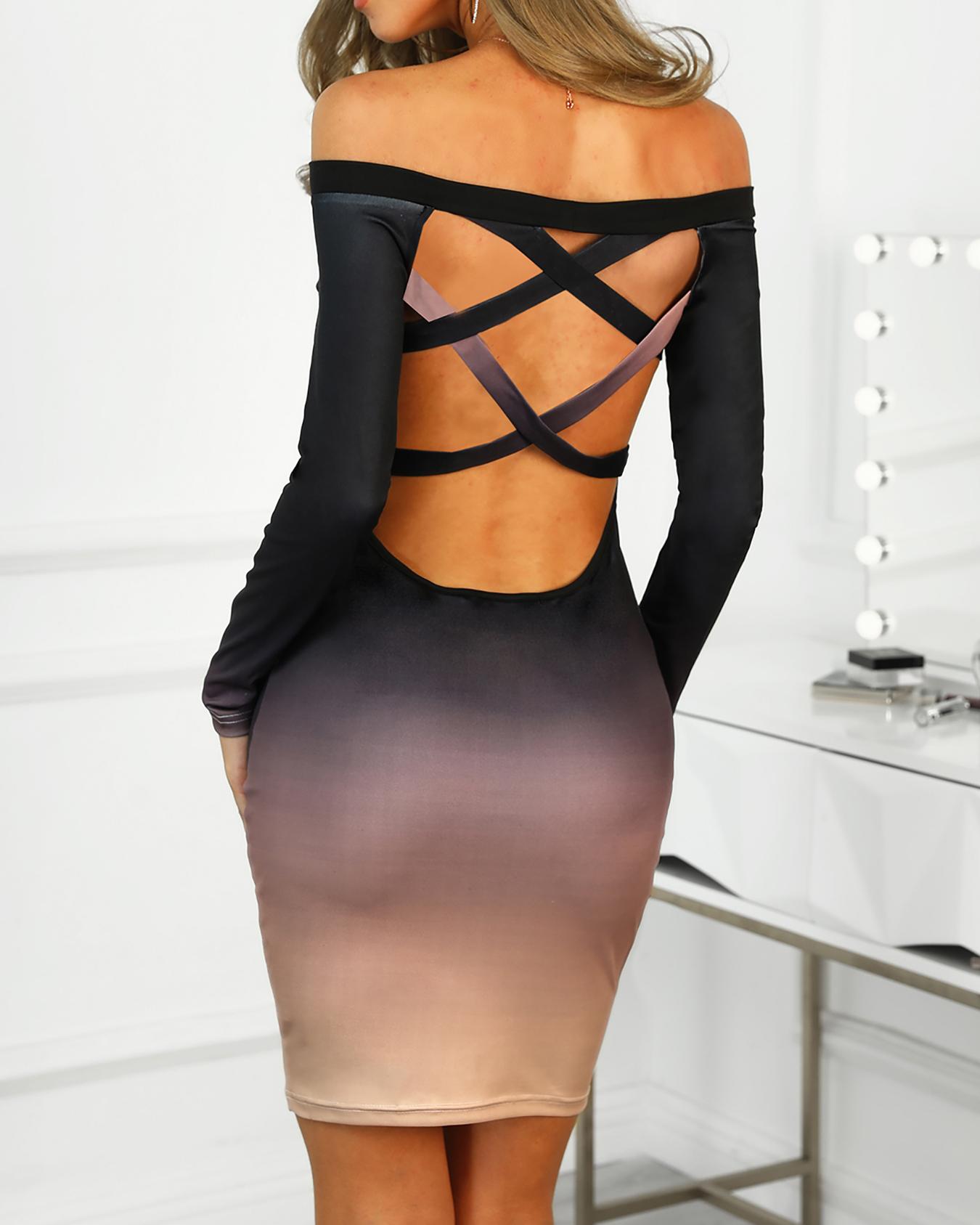 Gradient Color Lace Up Back Bodycon Dress