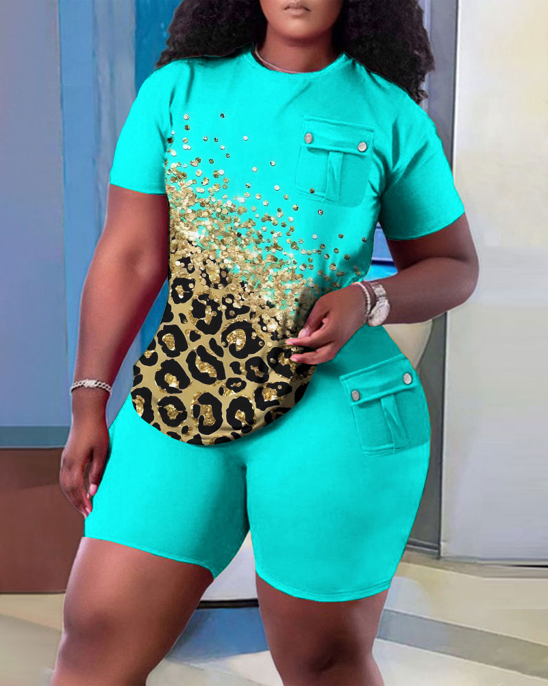 Plus Size Contrast Leopard Print Pocket Design Top & Shorts Set