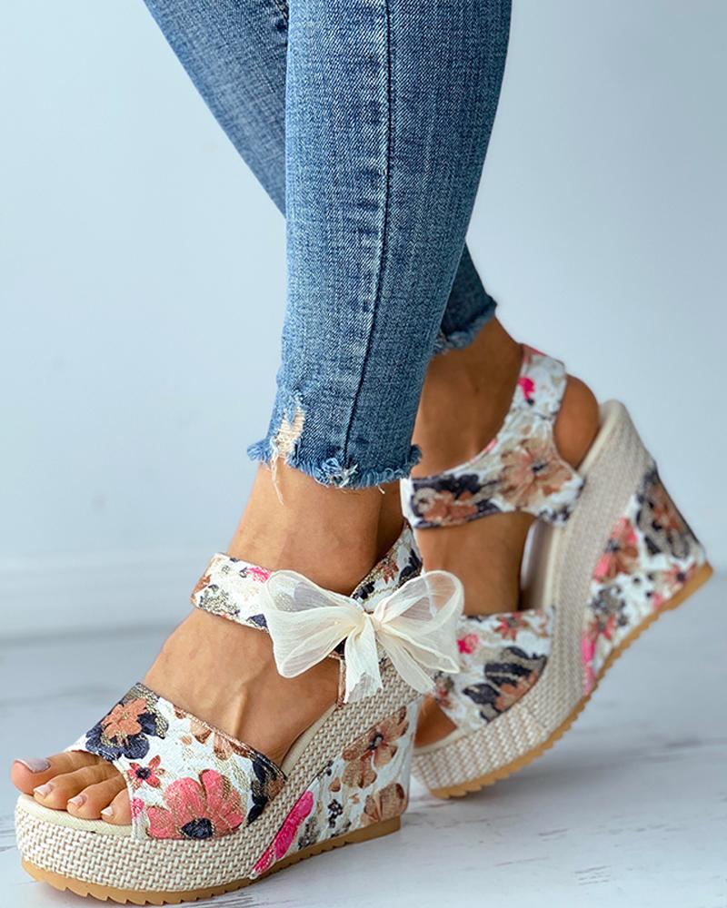 Floral Pattern Bowknot Decor Espadrille Wedge Sandals