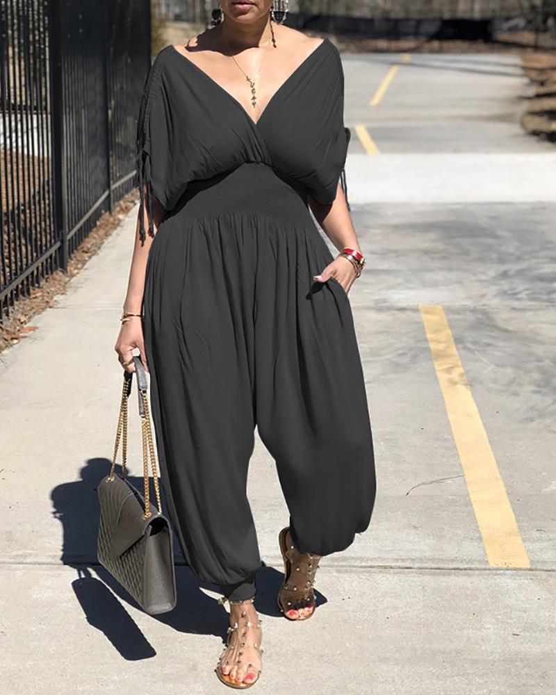Drawstring Ruched Shirring Waist Jumpsuit