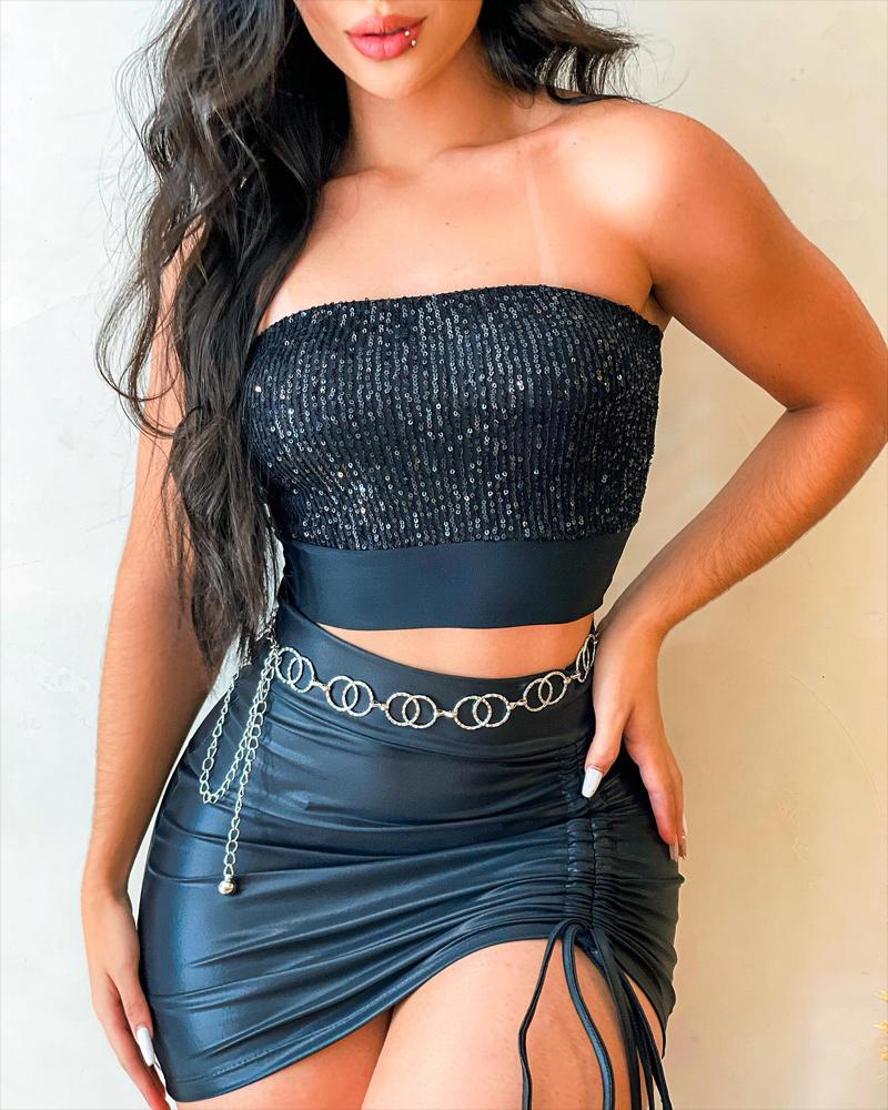 Contrast Sequin Crop Tube Top & Drawstring Ruched Skirt Set