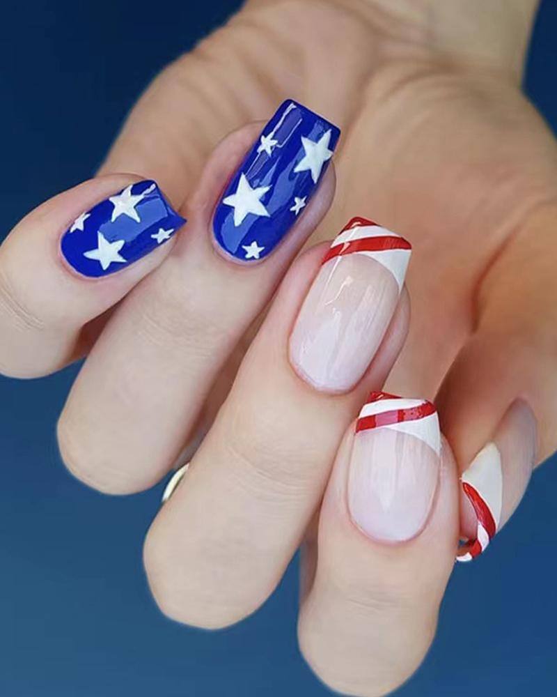 24pcs Independence Day Flag Design Press On Short Square Fake Nails Set