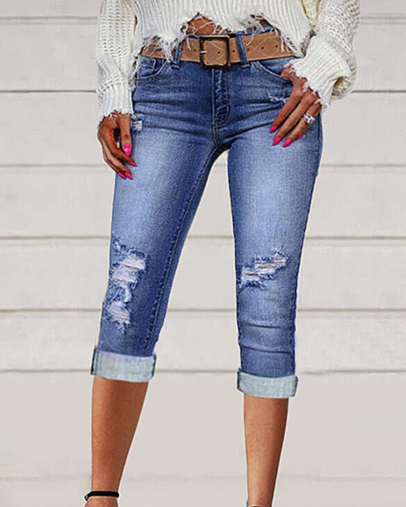 Ripped Pocket Design Capris Denim Pants