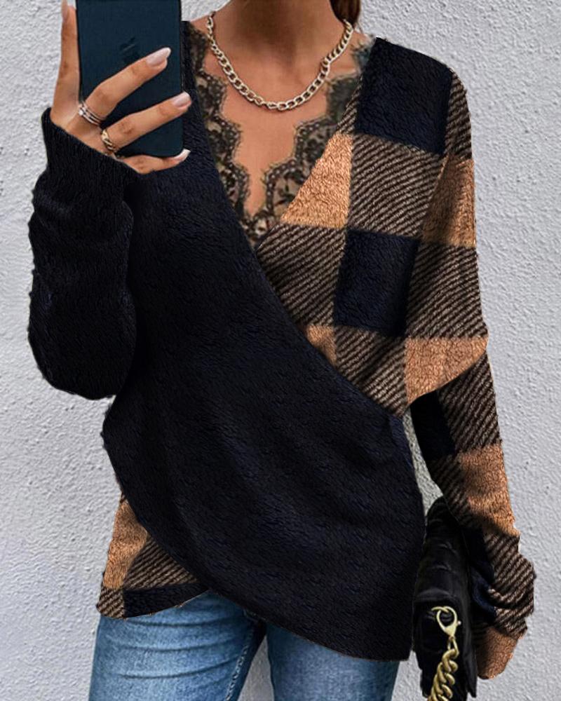Plaid Print Contrast Lace Long Sleeve Wrap Top
