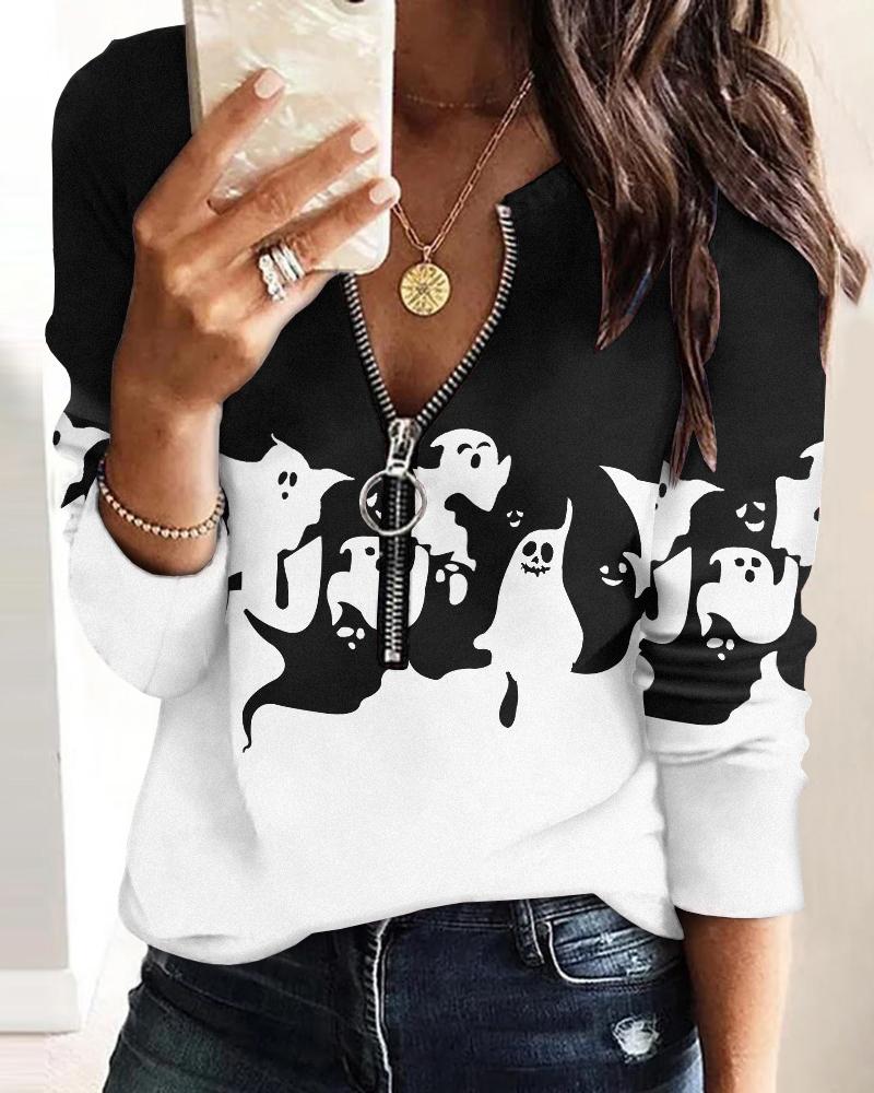 Halloween Graphic Print Zip Front Long Sleeve Top