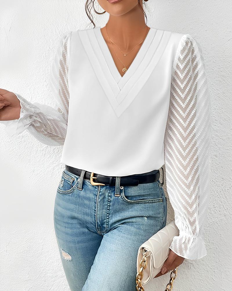 Chevron Pattern Sheer Mesh Long Sleeve Top