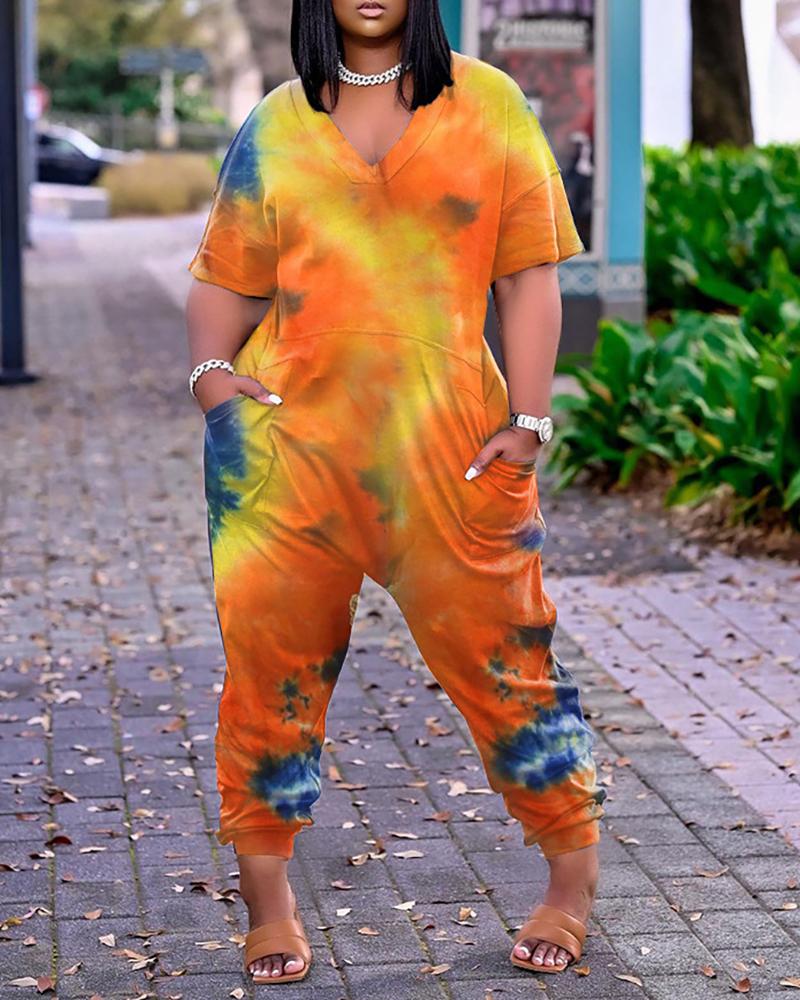 Tie Dye Print Pocket Design Short Sleeve Jumpsuit