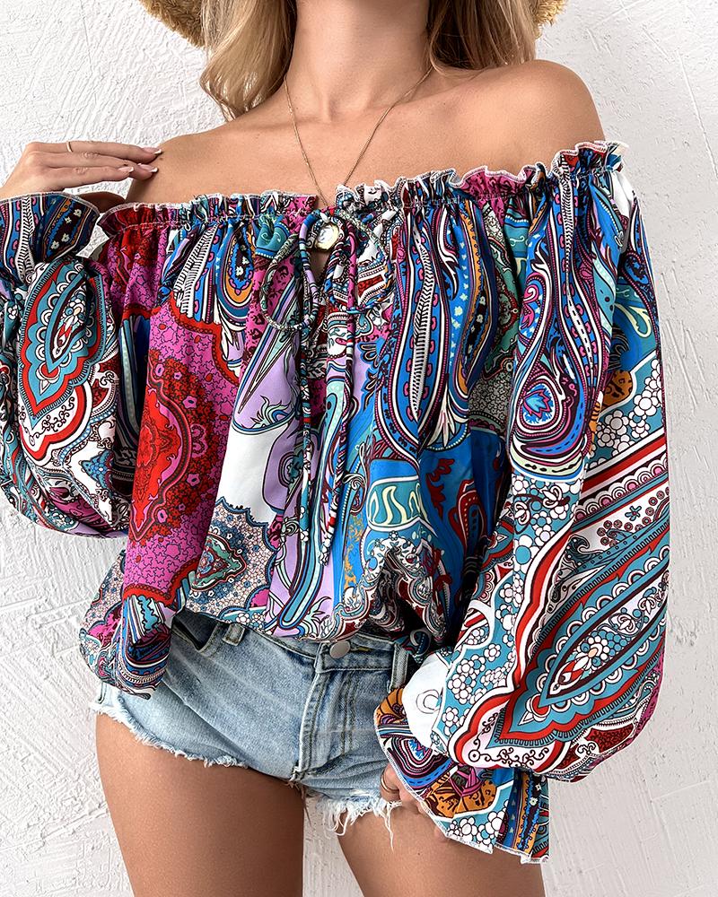 Tribal Print Off Shoulder Lantern Sleeve Top