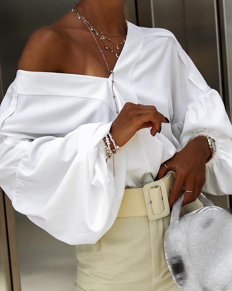 V-Neck Lantern Sleeve Drop Shoulder Top