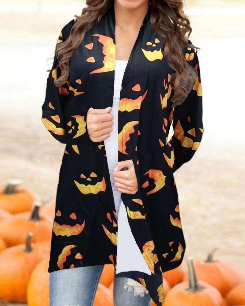 Halloween Scary Face Print Open Front Cardigan