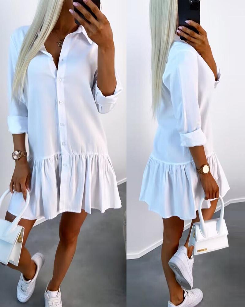 Long Sleeve Buttoned Ruffle Hem Shirt Dress