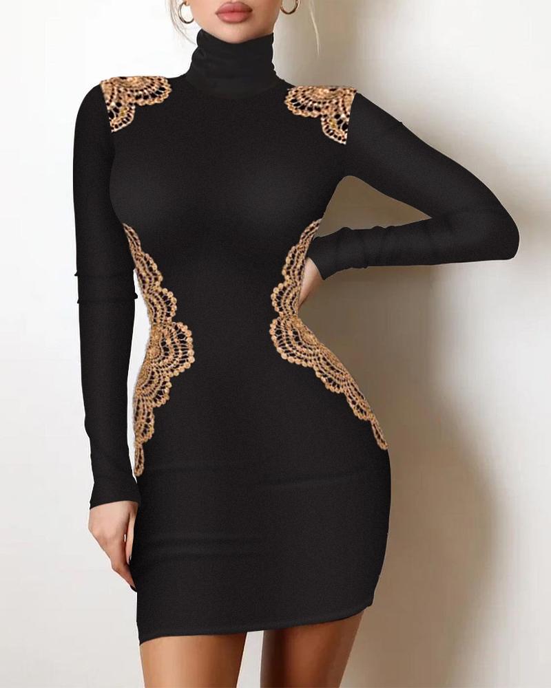 Crochet Lace Patch Long Sleeve Bodycon Dress