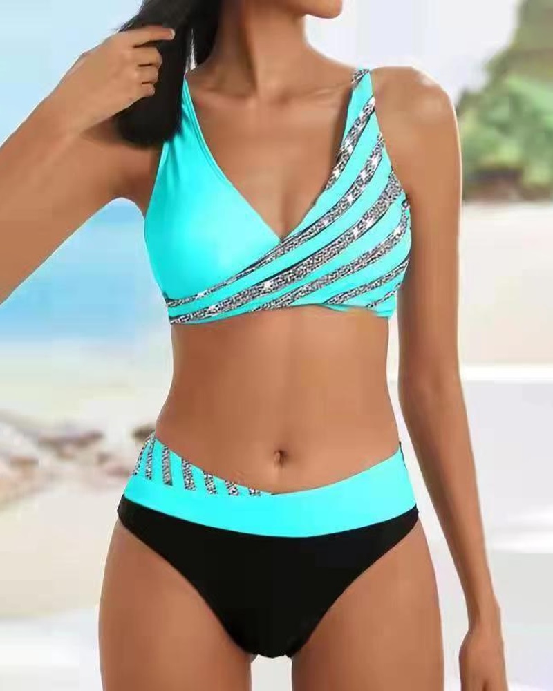 Rhinestone Decor V-Neck Bikini Set