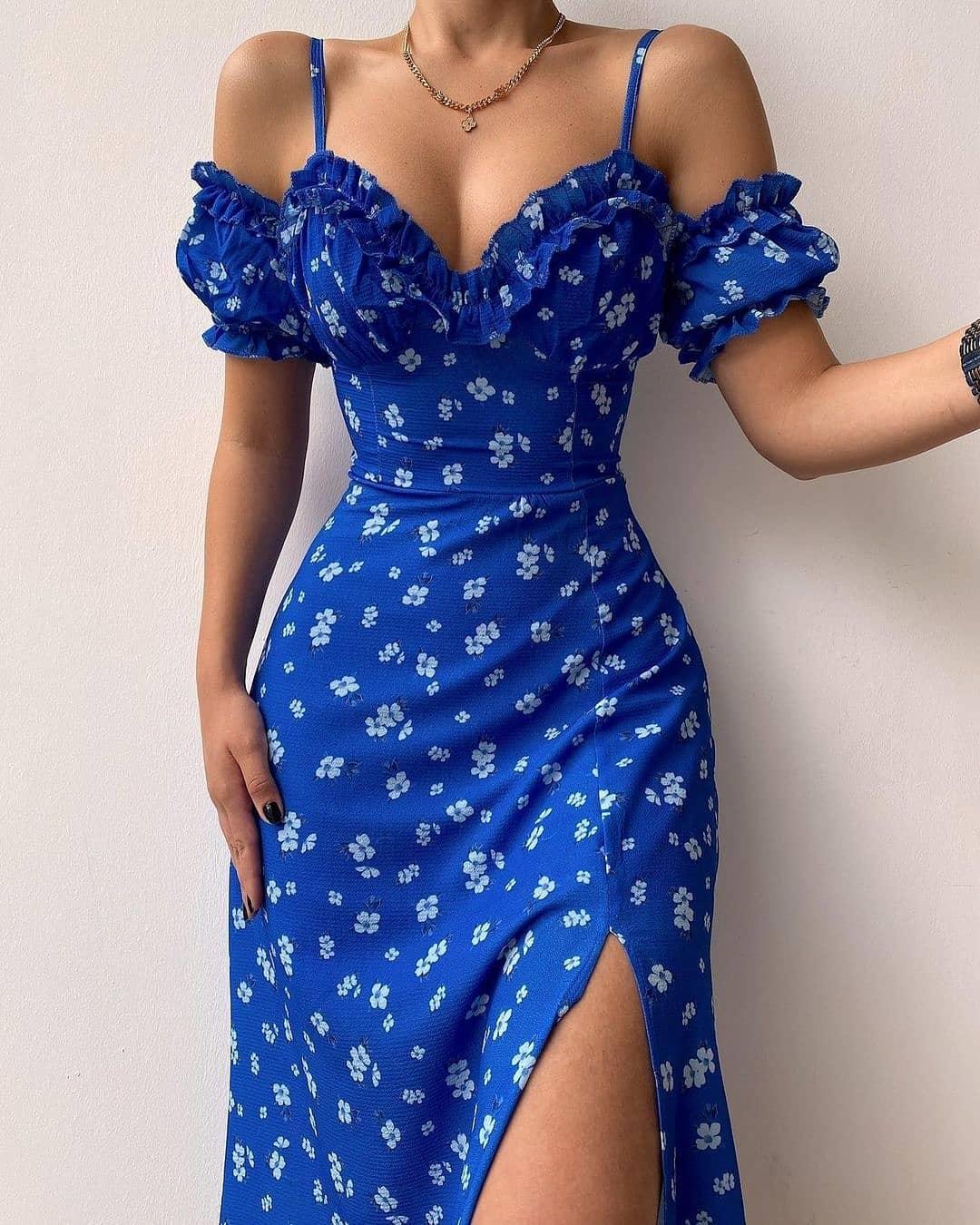 Ditsy Floral Print Frill Hem Split Thigh Cami Dress