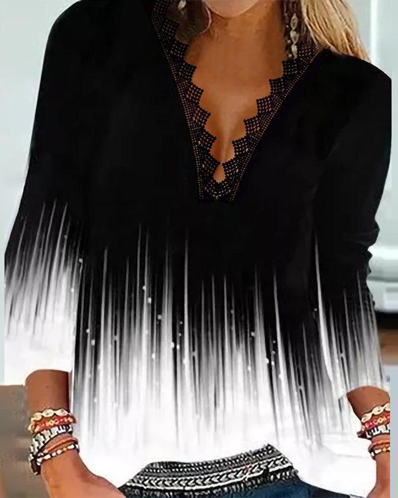 Ombre Print Contrast Lace V-Neck Casual Top