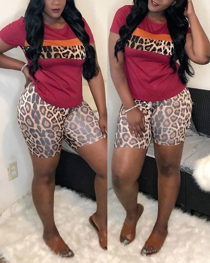 Contrast Leopard Print Round Neck Top & Shorts Set