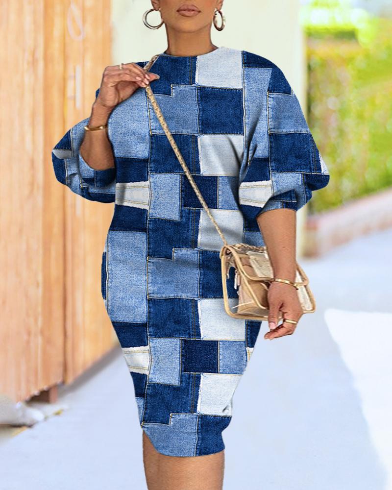 Casual Dresses  ChicMe Plus Size Denim Look Print Lantern Sleeve Casual Dress