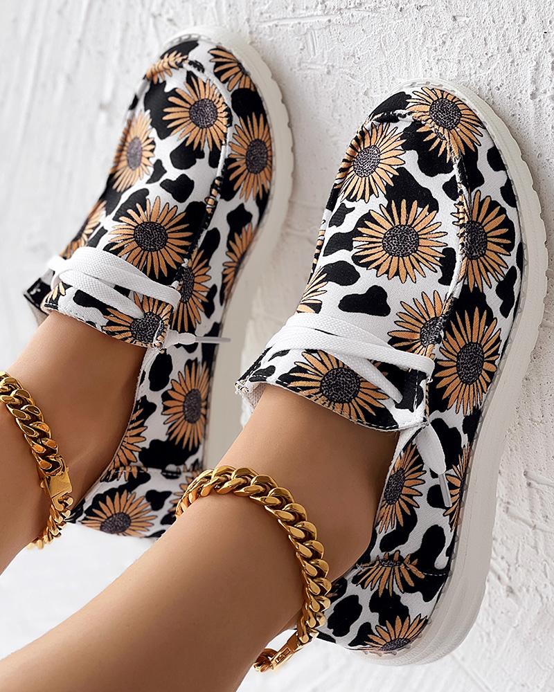 Sunflower Cow Print Lace-up Casual Slip-On