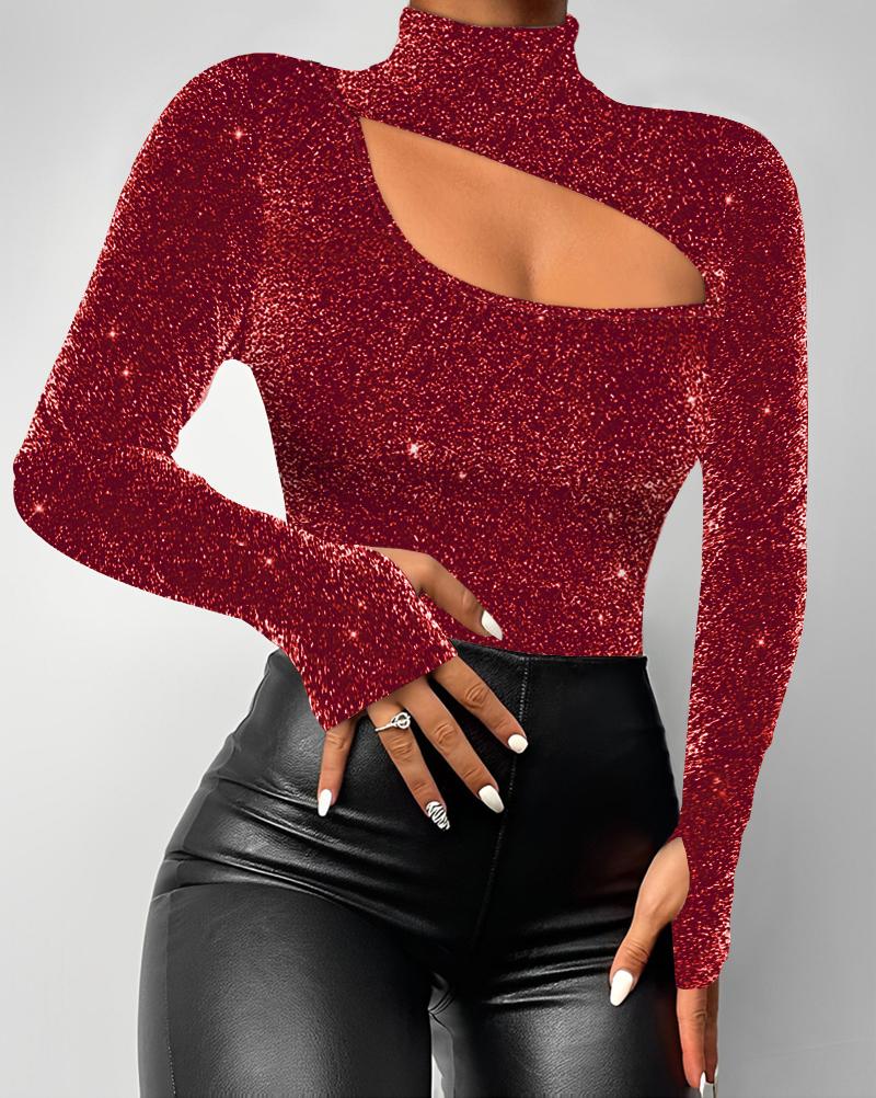 Cutout Glitter Mock Neck Top