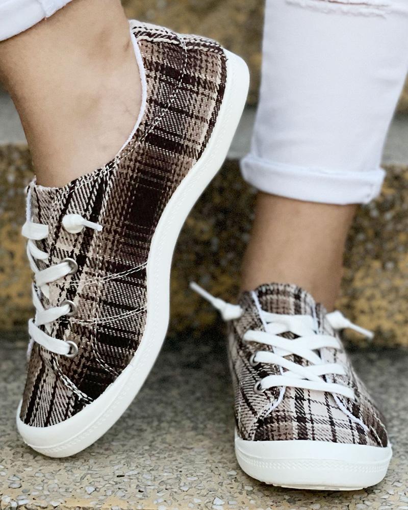 Plaid Print Lace-Up Canvas Sneakers