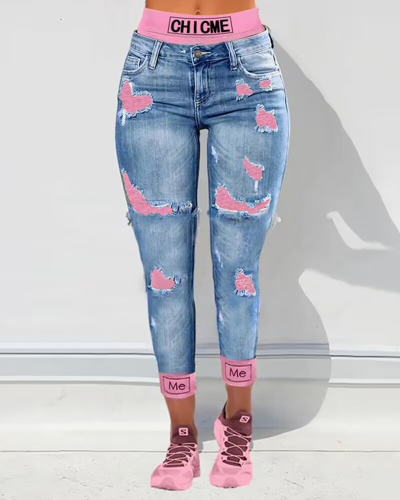 ChicMe Fake Two-Piece Patchwork Cutout Ripped Jeans