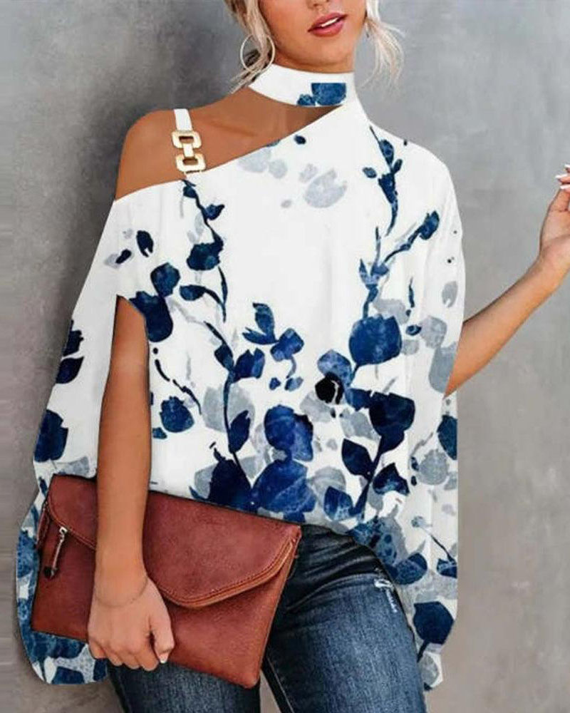 Plants Print Chain Strap Cold Shoulder Top