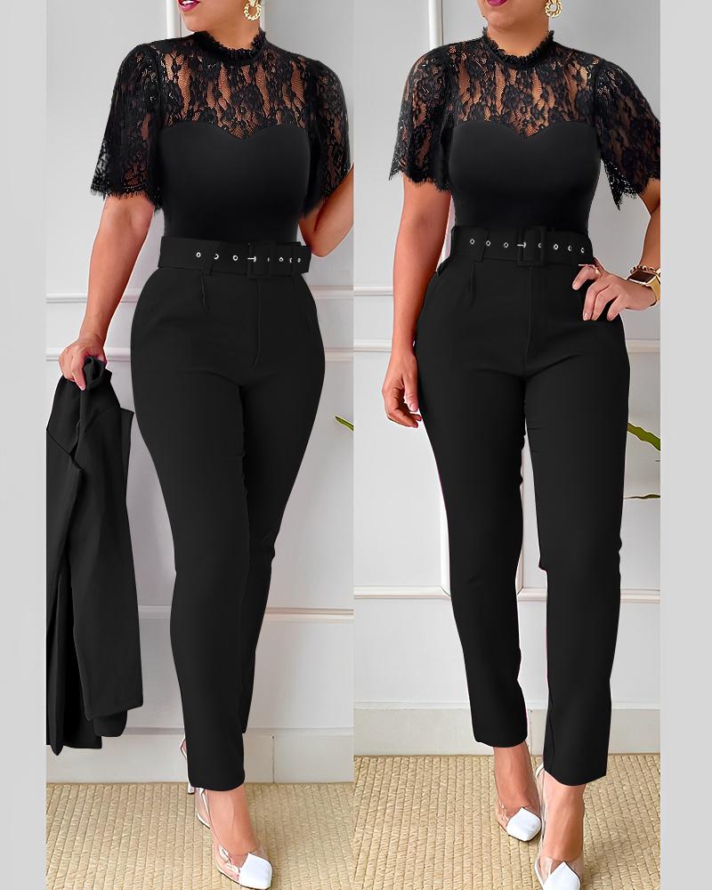 Lace Patch Tank Top & High Waist Pants Set With Belt
