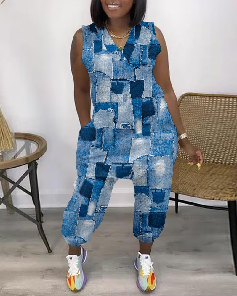 Denim Look Print Pocket Design Sleeveless Jumpsuit