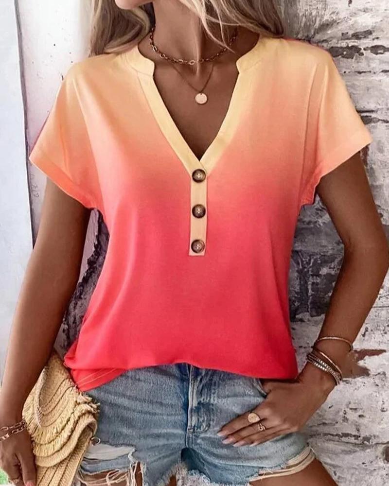 Ombre Notch Neck Buttoned Casual T-shirt