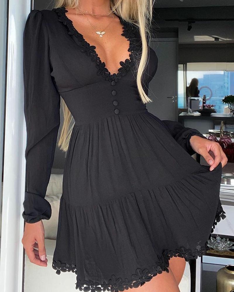 Lace Patch Button Front Ruched Casual Dress