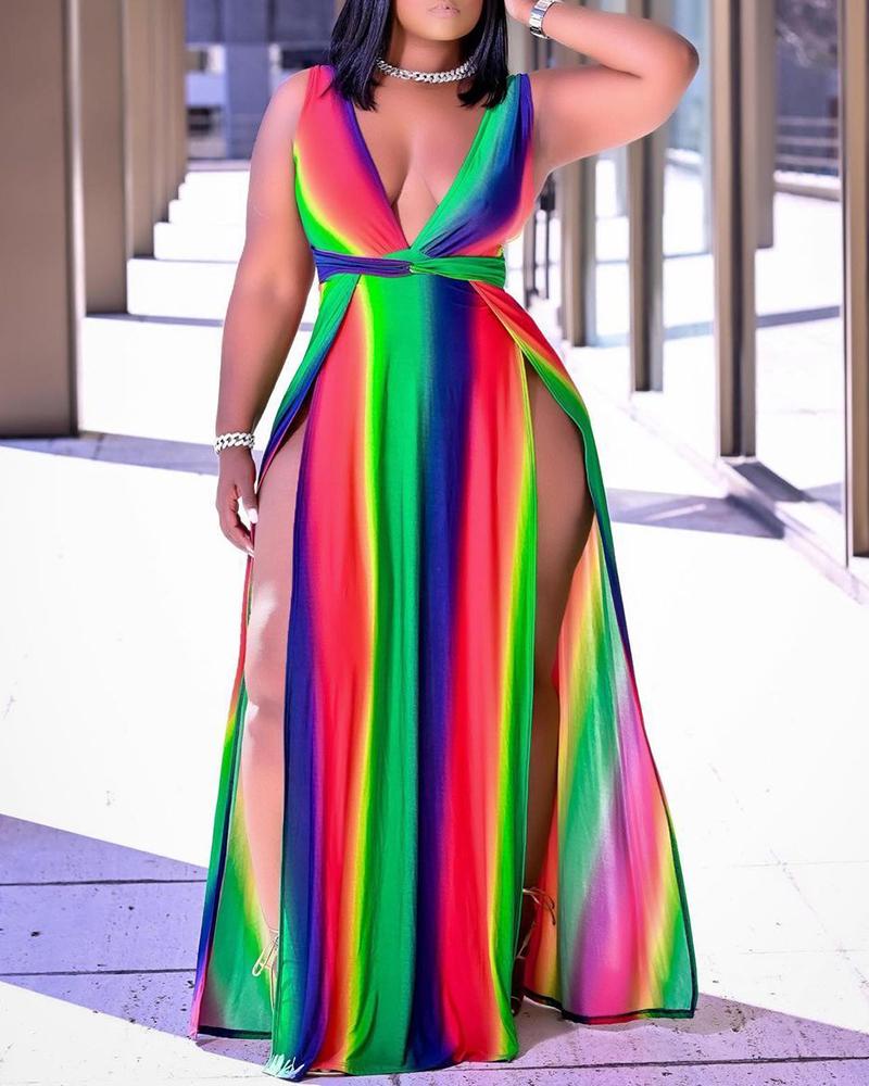 Tie Dye Print Plunge High Slit Sleeveless Maxi Dress