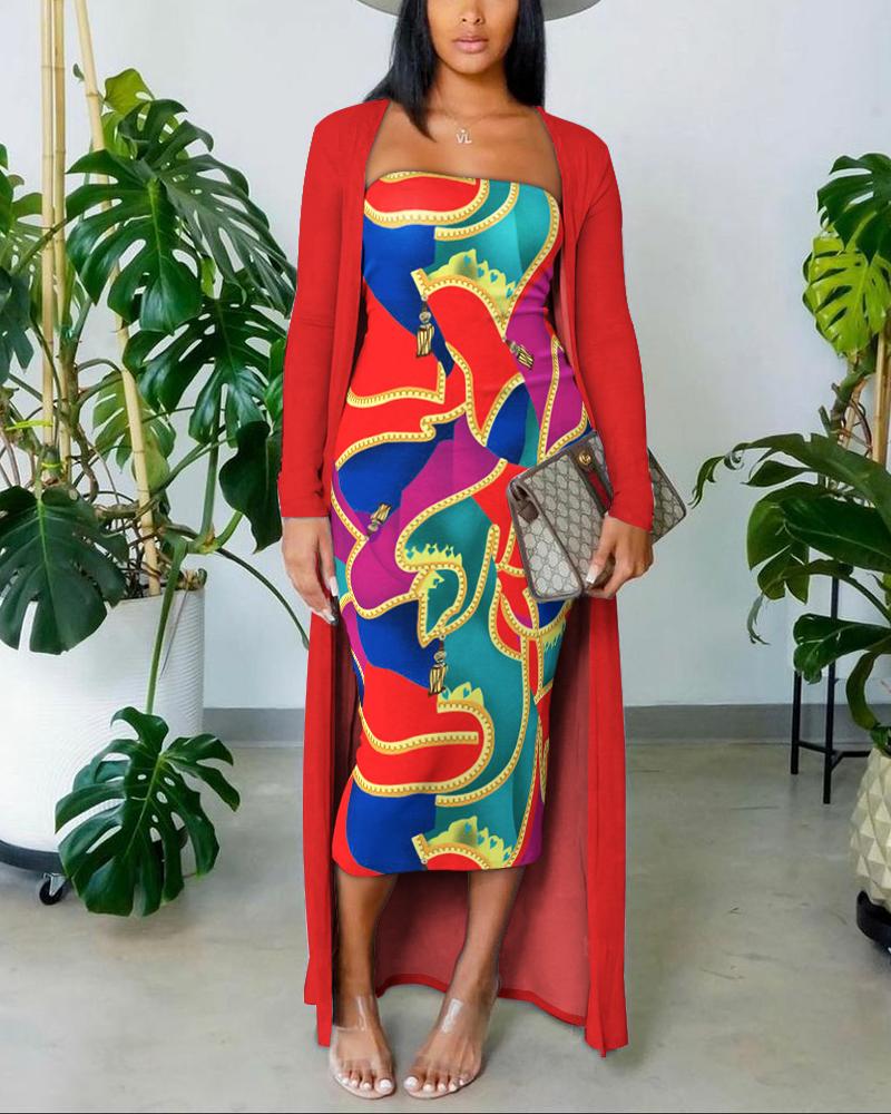 Abstract Print Bodycon Tube Dress With Longline Coat