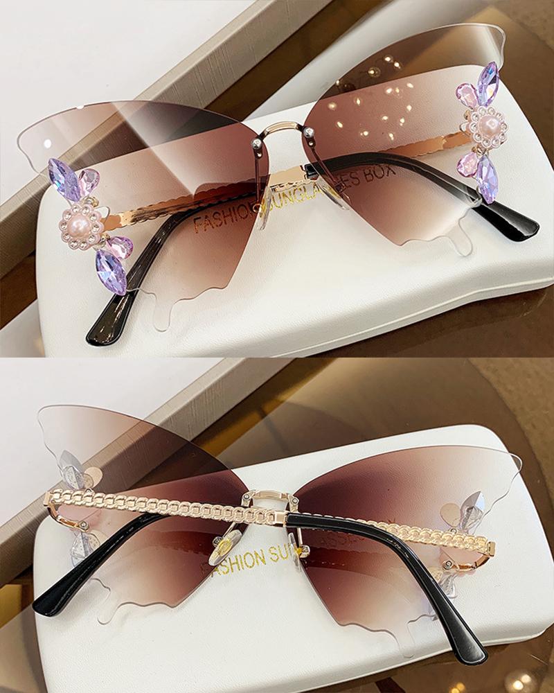  1Pair Crystal Floral Pattern Butterfly Wings Shaped Sunglasses