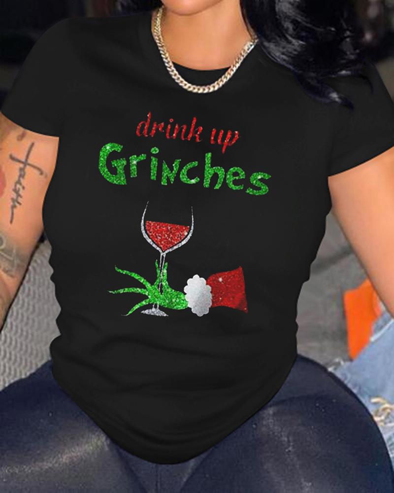 Christmas Graphic Wine Glass Print Casual T-shirt