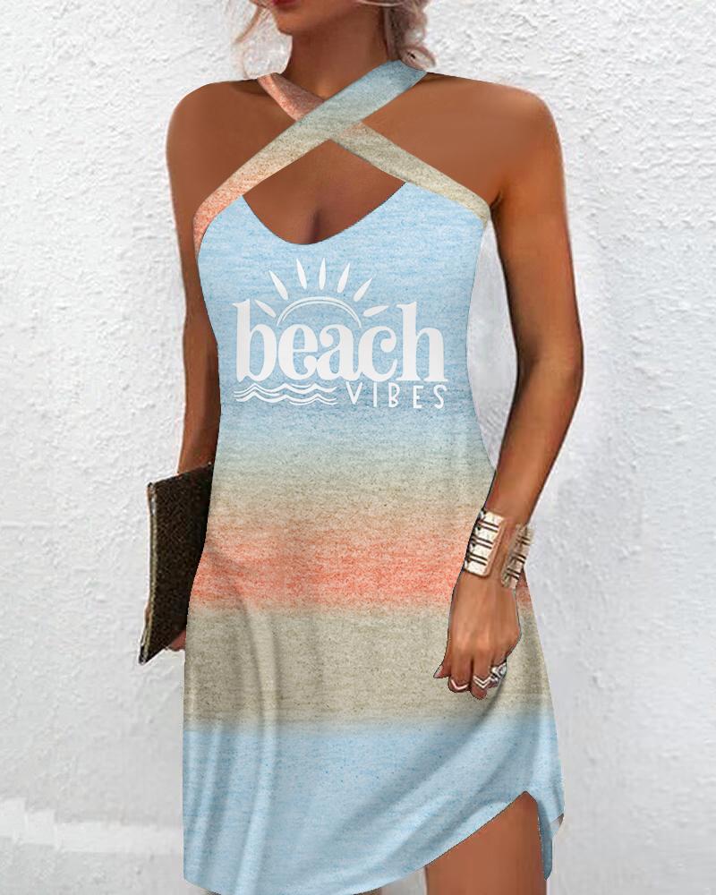 Beach Vibes Sun Print Ombre Cross Halter Casual Dress