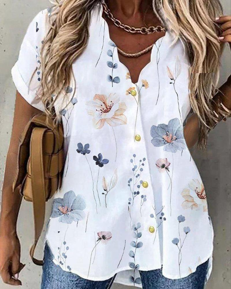 Floral Print Short Sleeve Buttoned Top