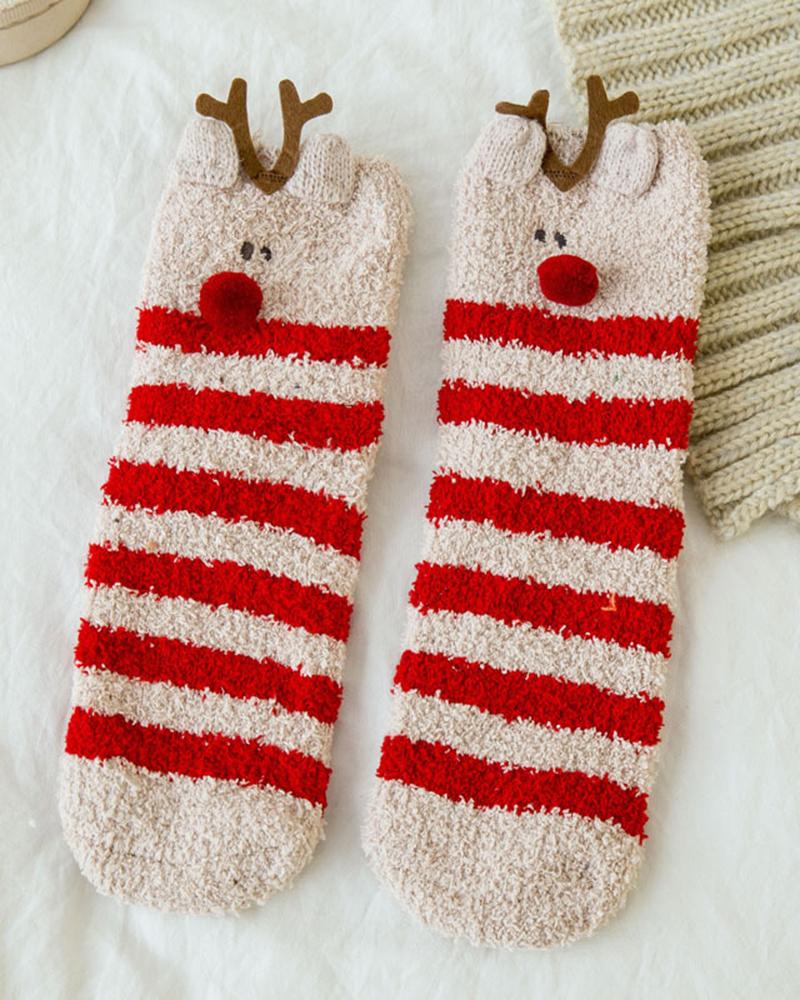 1Pair Christmas Santa Colorblcok Fuzzy Thermal Socks